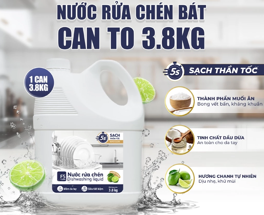  Nước rửa chén bát F5 Clean 3,8kg hương chanh, mềm mại với da tay, gốc thực vật, thiên nhiên 
