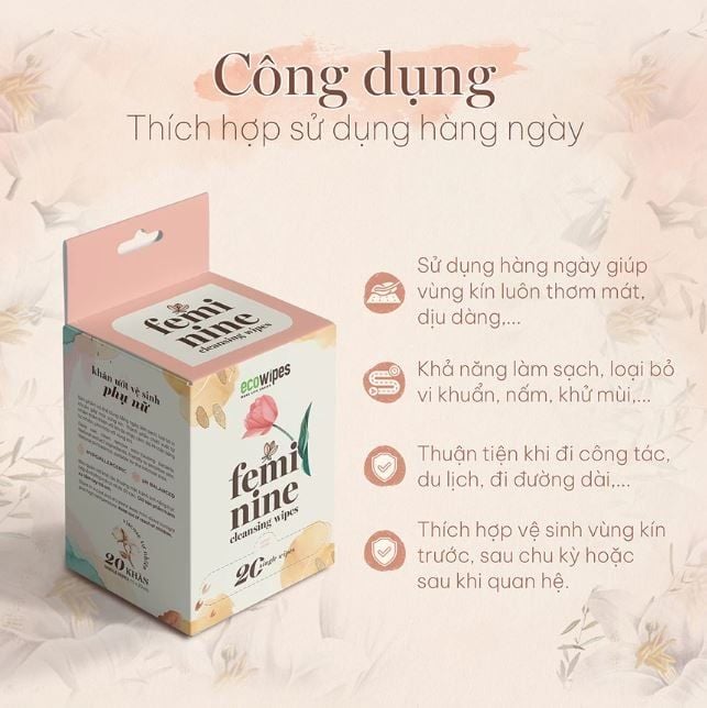  Khăn ướt vệ sinh vùng kín phụ nữ EcoWipes gói 1 tờ travel size hương hoa Daisy Hộp 20 gói 