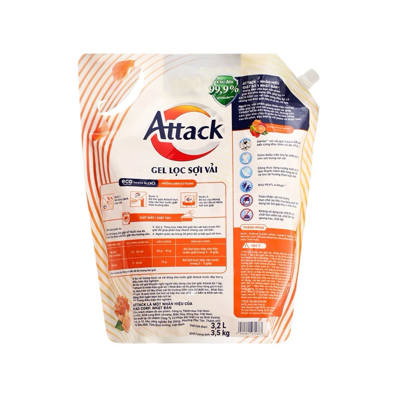  Nước giặt gel Attack hương anh đào/ thiên nhiên/ trái cây túi 3.5kg 
