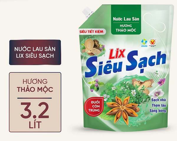  Nước lau sàn siêu sạch Lix túi 3.2L sạch nhà, thơm lâu đuổi côn trùng, phù hợp với mọi loại sàn 
