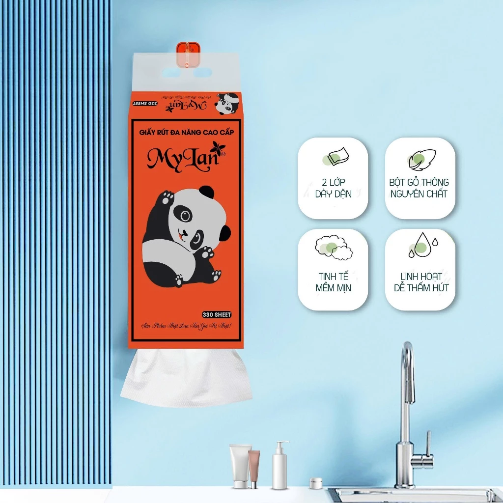  Khăn Giấy Đa Năng MyLan Gấu Trúc Rút Đáy Cao Cấp Dập Vân 4D Mềm Dai 330 Lượt Rút 200mm x 175mm 