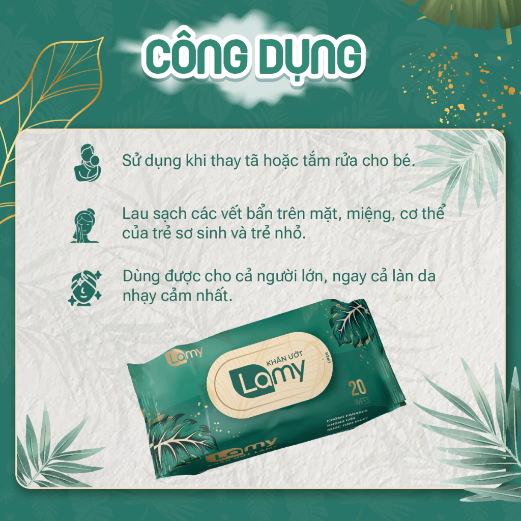  Khăn ướt Lamy gói 20 tờ không mùi không cồn không parabens cao cấp an toàn dành cho bé 