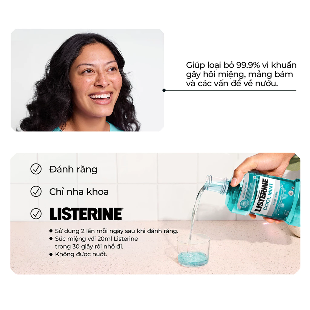  Nước Súc Miệng Listerine Không Cay Giúp Hơi Thở Thơm Mát - Cool Mint Zero Alcohol 750ml 