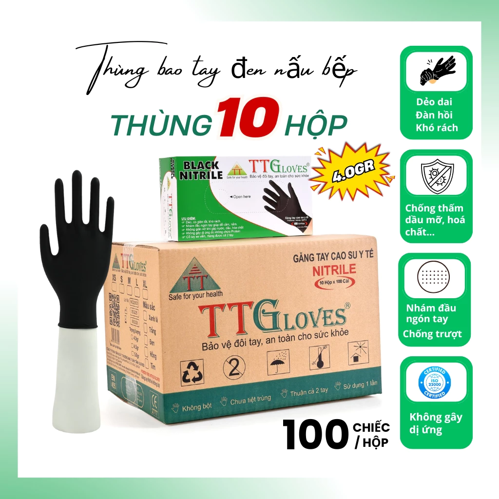  Găng Tay Nấu Ăn TTGLOVES Chất Liệu Cao Su Nitrile Không Bột Màu Đen (Hộp 100 Chiếc) 