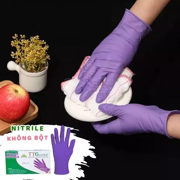  Găng Tay Cao Su Y Tế Màu Tím Nitrile Không Bột TTGloves 4.5g (Hộp 100 chiếc) Spa, Thủy Sản, Lột Tôm 