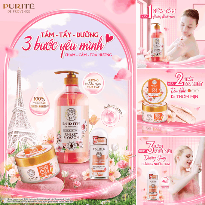  Sữa Tắm Thiên Nhiên PURITÉ Hương Hoa Anh Đào/Hoa Hồng/Hoa Oải Hương/Hoa Mẫu Đơn/Tinh Dầu Thơm 850ML - 1.1L - 1.4L 