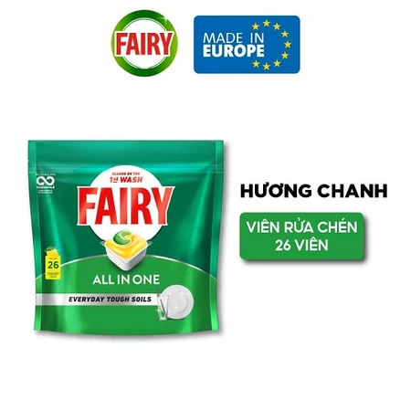  Viên rửa chén FAIRY All In One sạch sáng bóng, đánh bật cặn dầu mỡ, hương chanh, túi 26/64 viên - Châu Âu 