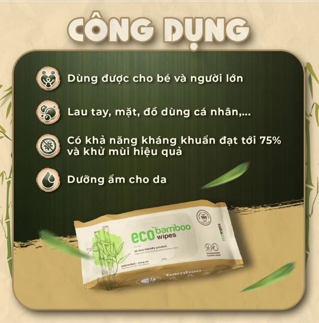  Khăn ướt vải sợi tre kháng khuẩn EcoBamboo EcoWipes gói 20 tờ không mùi 