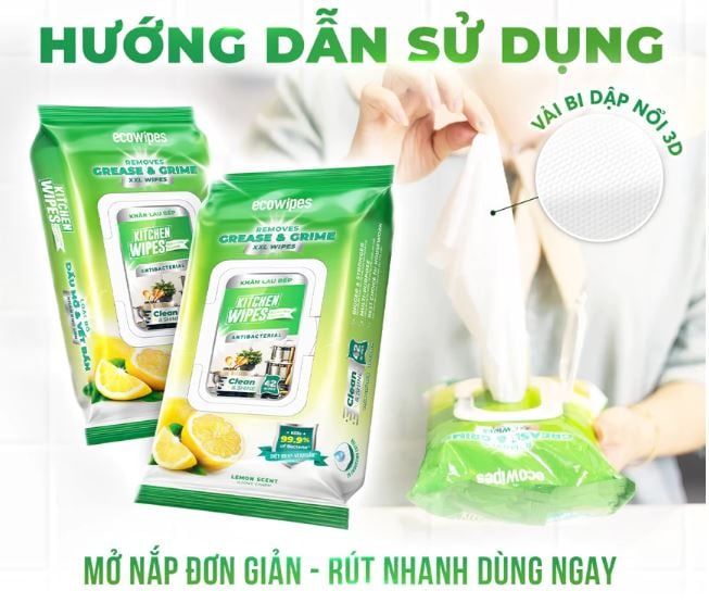  Khăn ướt lau bếp cao cấp Kitchen EcoWipes gói 42 tờ size lớn hương chanh 