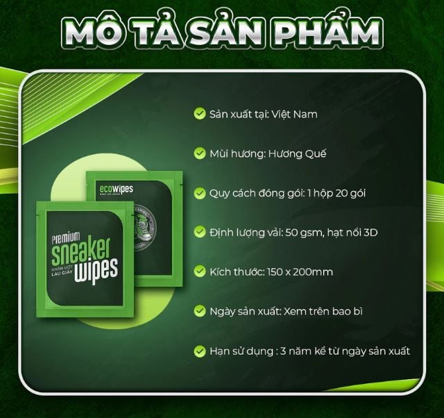  Hộp 20 gói Khăn ướt lau giày thể thao cấp tốc Sneaker EcoWipes gói 1 tờ hương quế khử mùi 