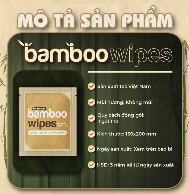  Túi 50 gói khăn ướt vải sợi tre kháng khuẩn EcoBamboo gói 1 tờ không mùi 