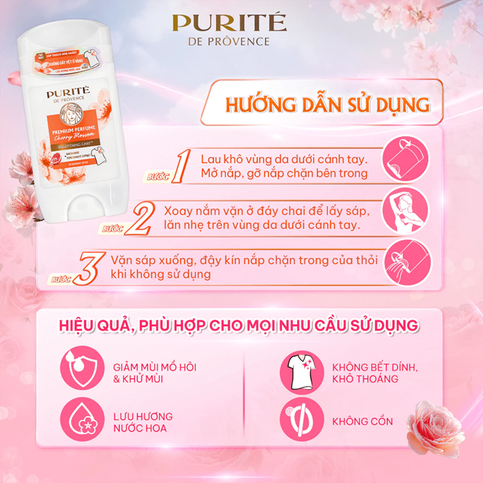  Sáp Khử Mùi Purité Hương Nước Hoa Cao Cấp Dưỡng Sáng Hoa Anh Đào / Hoa Hồng 70G (Sáp Hồng / Sáp Trắng) 