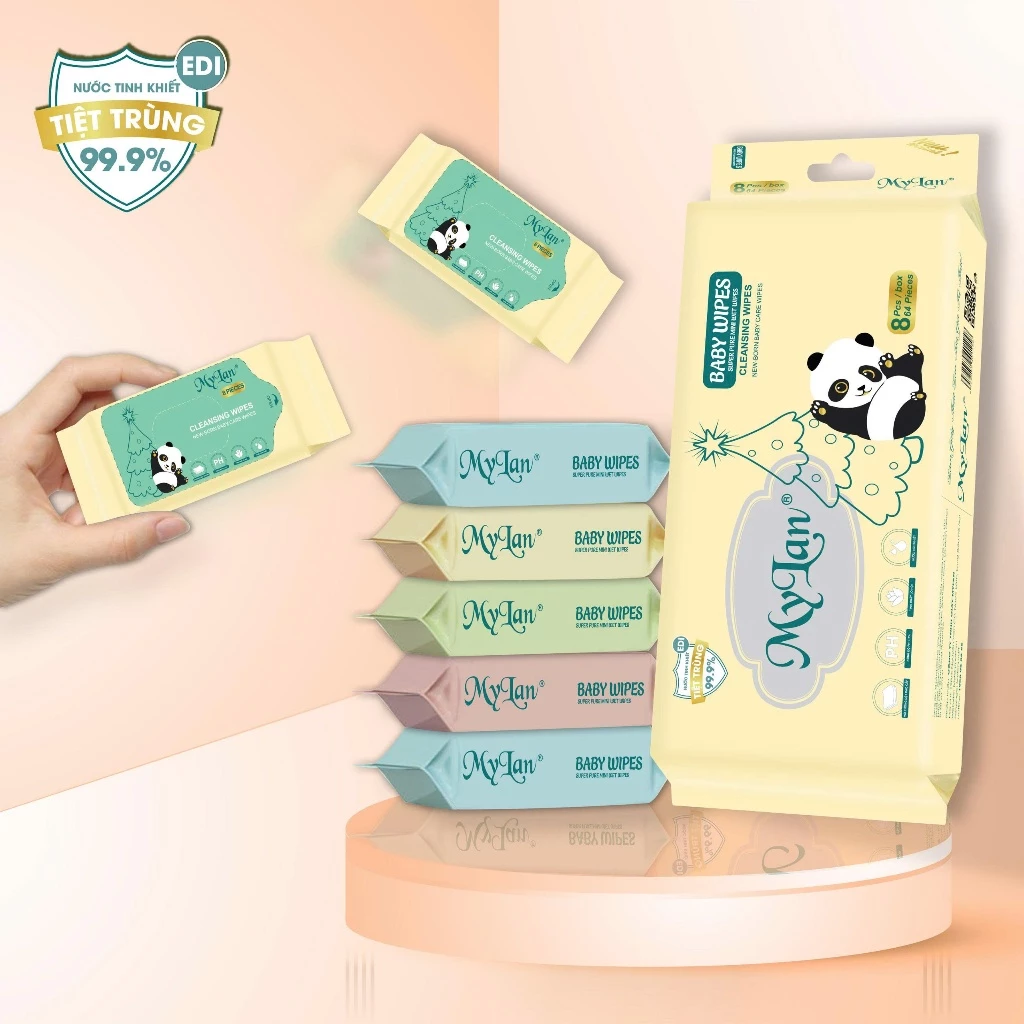  Khăn Ướt Mini MyLan Cao Cấp Làm Sạch Nhanh Dịu Nhẹ Cho Da 8 Tờ/Gói, Lốc 8 Gói 