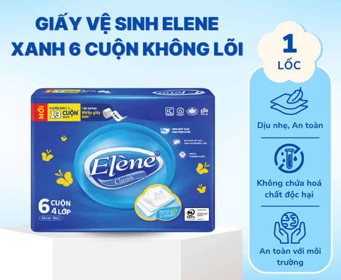  Giấy Vệ Sinh Elene 6 Cuộn 4 Lớp Cao Cấp, Mềm Mịn, An Toàn, Tan Ngay Trong Nước (Có Lõi/Không Lõi) 