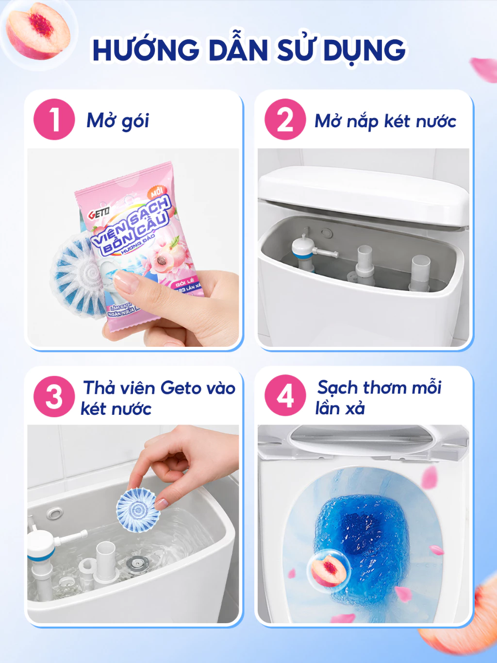  Viên Sạch Bồn Cầu Geto Hương Đào viên thả bồn cầu tẩy sạch mảng bám, khử mùi diệt vi khuẩn 50G/gói 