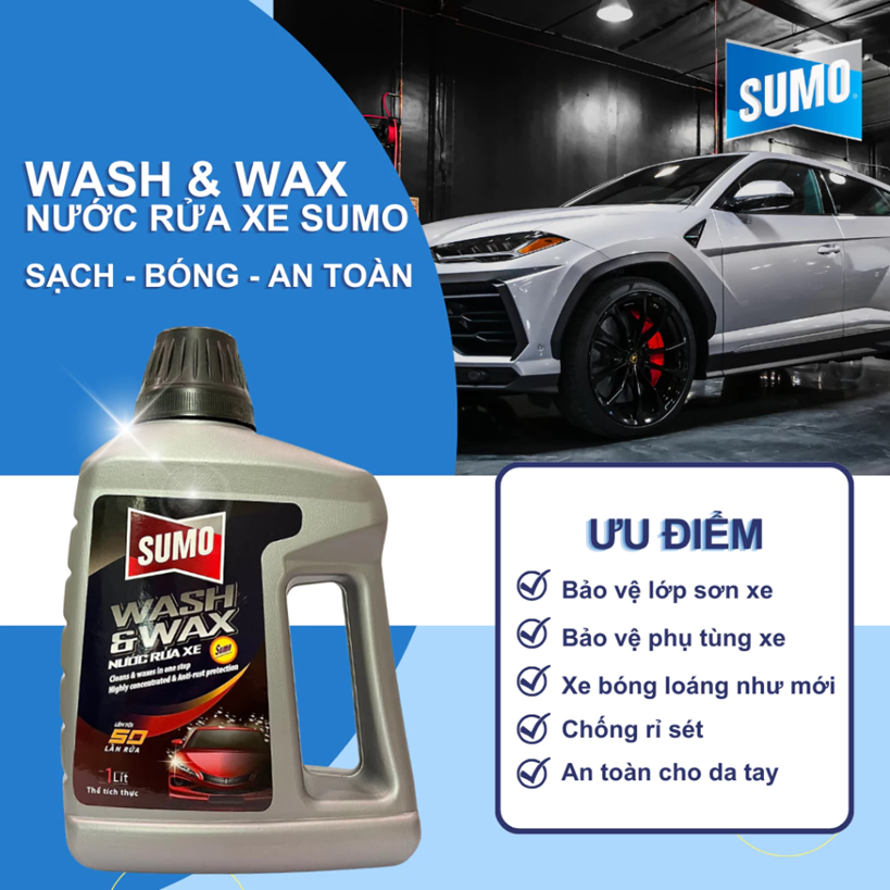  Nước Rửa Xe Sumo Wash & Wax 1 Lít XÁM Mới Nước Rửa Xe Bảo Vệ Nước Sơn Xe Rưa Xe Ô Tô 