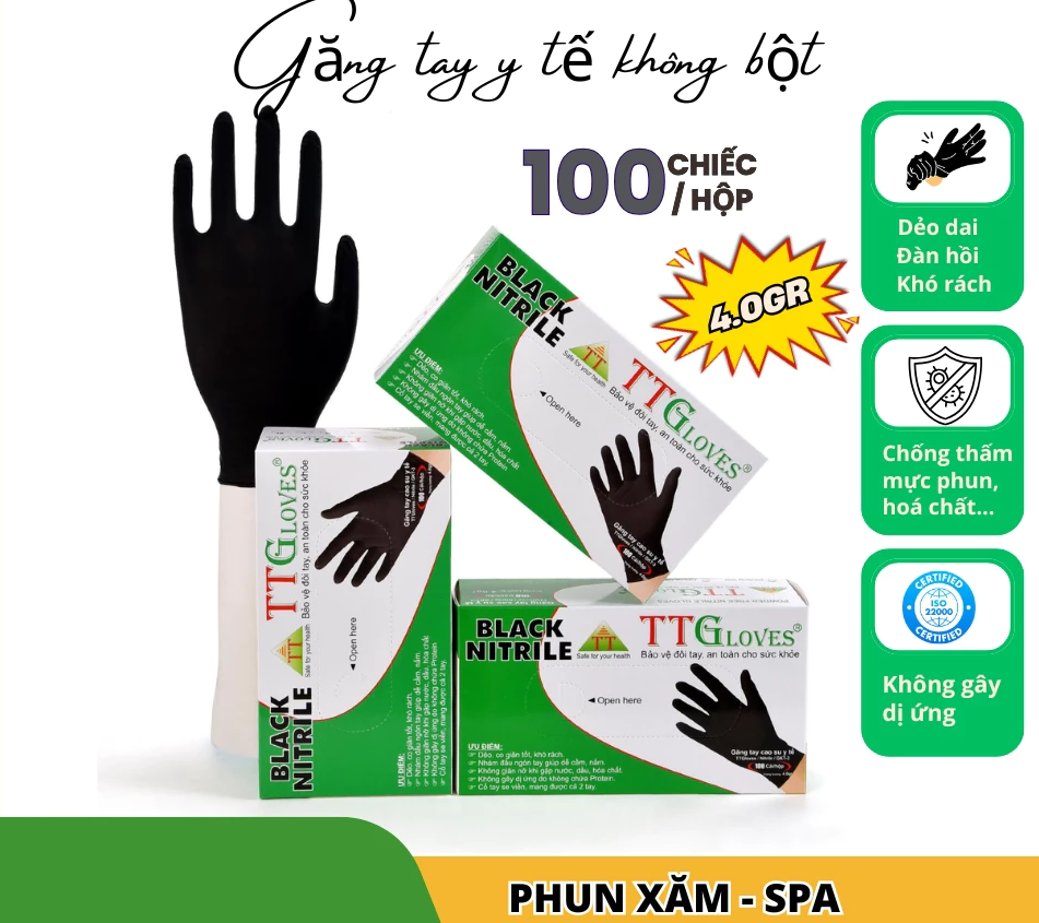  Găng Tay Y Tế Nitrile Không Bột Màu Đen TTGLOVES Cho Phun Xăm, Spa, Nail, 4.0gr (100 Chiếc/Hộp) 