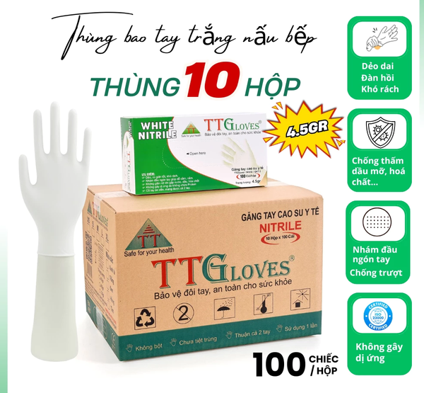  Găng Tay Nấu Ăn Kitchen And Food TTGLOVES Nitrile Không Bột Màu Trắng 4.5gr (Hộp 100 Chiếc) 