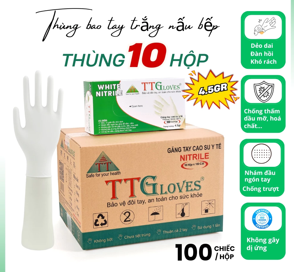  Găng Tay Nấu Ăn Kitchen And Food TTGLOVES Nitrile Không Bột Màu Trắng 4.5gr (Hộp 100 Chiếc) 