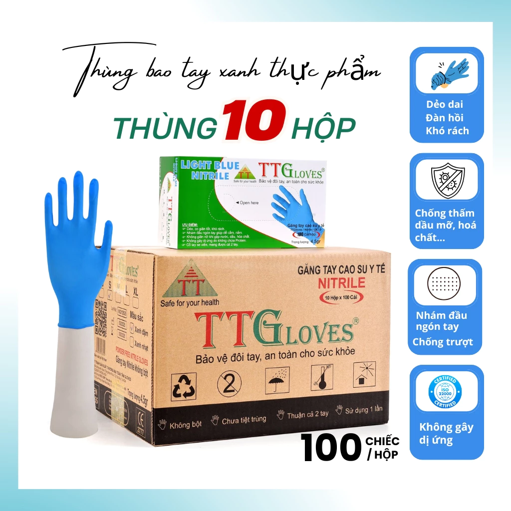  Găng Tay Nấu Ăn Kitchen And Food TTGLOVES Nitrile Không Bột Màu Xanh 4.5gr (Hộp 100 Chiếc) 