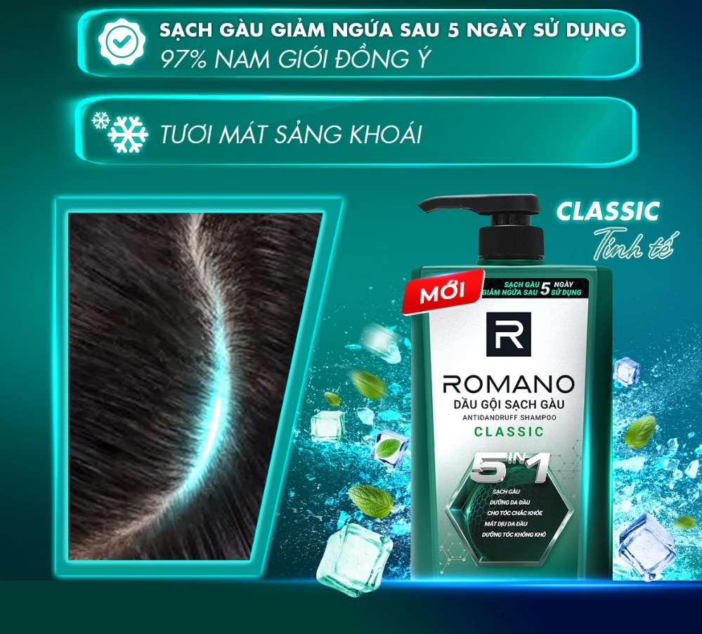  Dầu gội nam sạch gàu 5in1 Romano hương nước hoa 610g / 650g 
