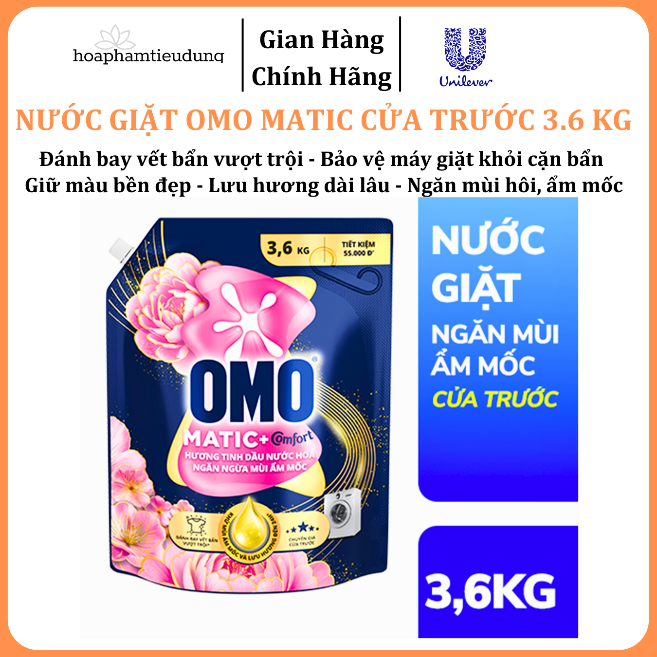  Nước giặt OMO Matic Cửa trước 3.6 Kg giữ màu, ngăn ẩm mốc, hương oải hương thư thái 