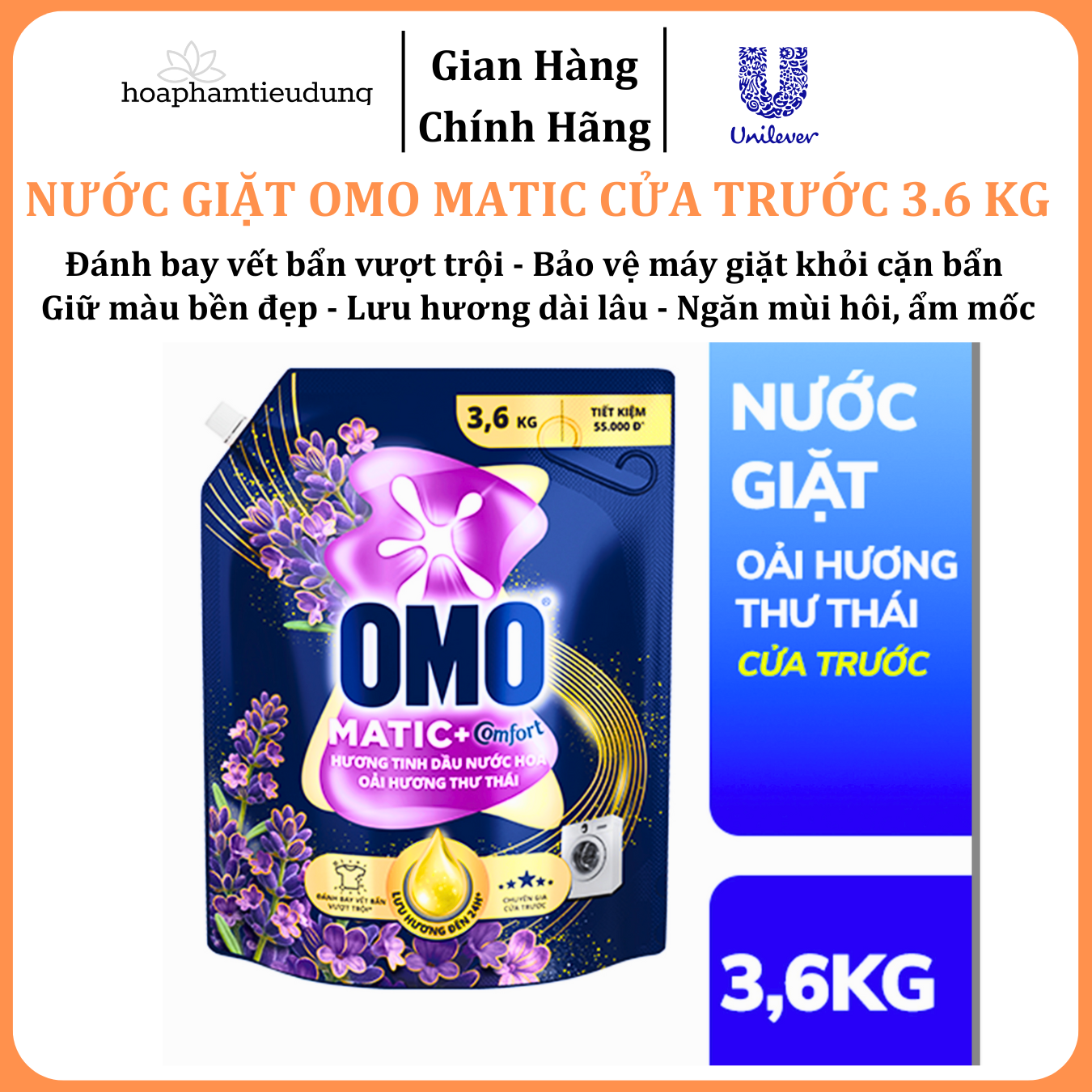  Nước giặt OMO Matic Cửa trước 3.6 Kg giữ màu, ngăn ẩm mốc, hương oải hương thư thái 