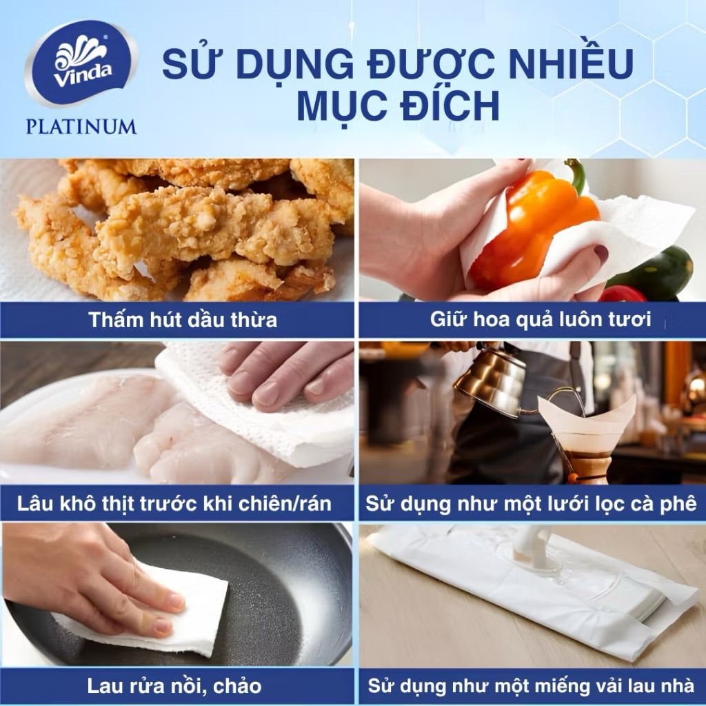  Khăn bếp treo tường Vinda Platinum (gói 180 tờ) bền dai cao cấp 2 lớp - thương hiệu Đức 