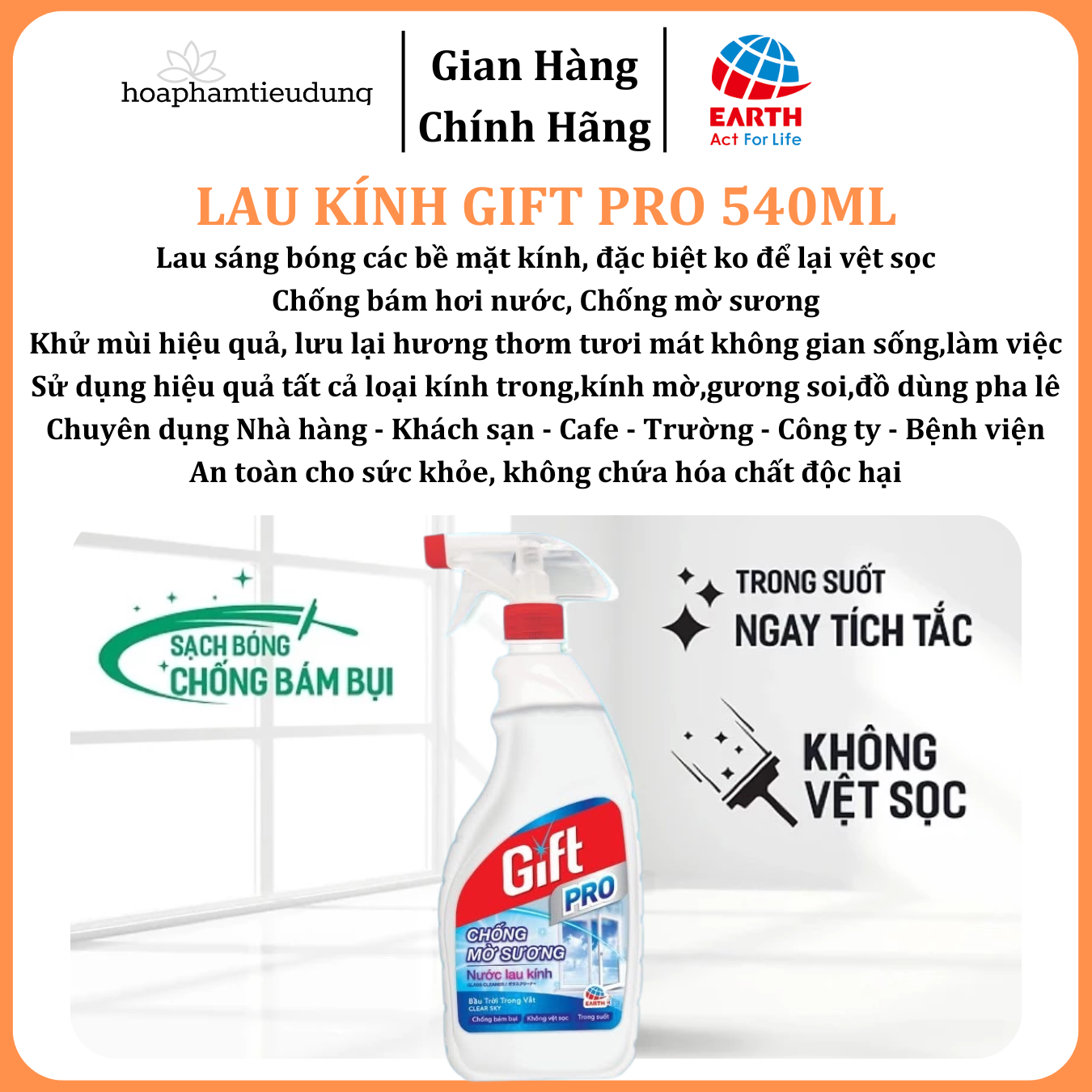  Lau kính Gift Pro 540ml chống sương mờ, hơi nước, vệt sọc hiệu quả 