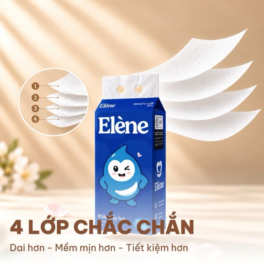  Khăn Giấy Lụa Rút Đáy Elene 250 Lần Rút 4 Lớp Mềm Mịn, Tiện Lợi, An Toàn (Giấy rút cỡ nhỏ) 