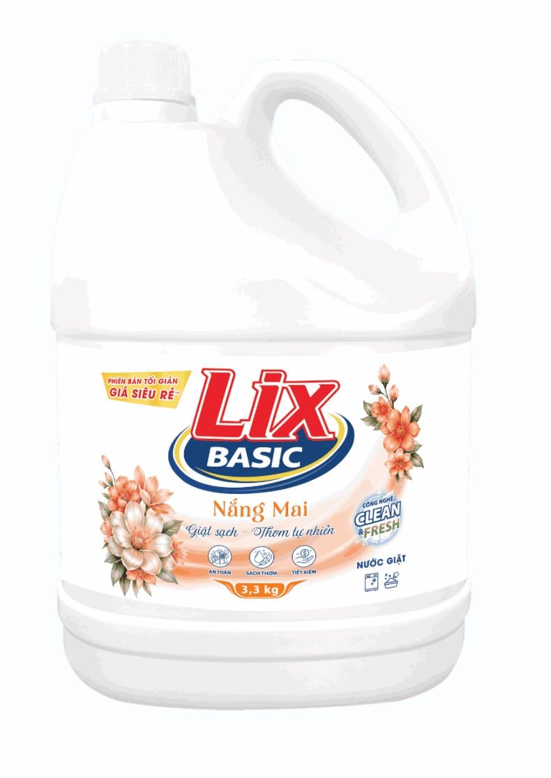  Nước giặt Lix Basic hương Nắng mai túi 3.1kg - can 3.3kg 