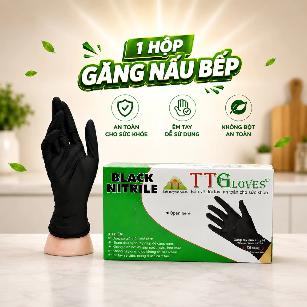  Găng Tay Nấu Ăn TTGLOVES Chất Liệu Cao Su Nitrile Không Bột Màu Đen (Hộp 100 Chiếc) 