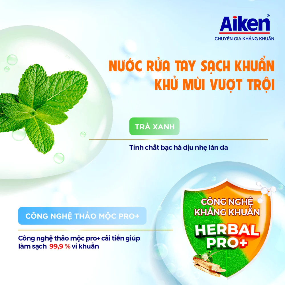  Nước rửa tay Aiken Sạch khuẩn Dưỡng ẩm, Khử mùi 494g 