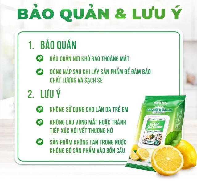  Khăn ướt lau bếp cao cấp Kitchen EcoWipes gói 42 tờ size lớn hương chanh 