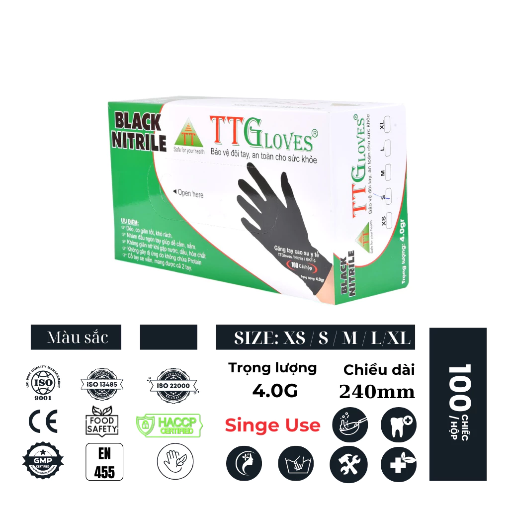  Găng Tay Cao Su Y Tế TTGLOVES Không Bột Nitrile Màu Đen Siêu Dai 4.0gr (Hộp 100 Chiếc) 