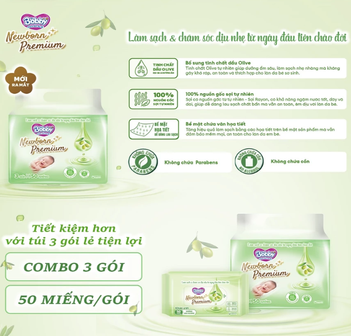 Túi 3 Gói Khăn ướt Bobby Newborn Premium 50 miếng/ gói 