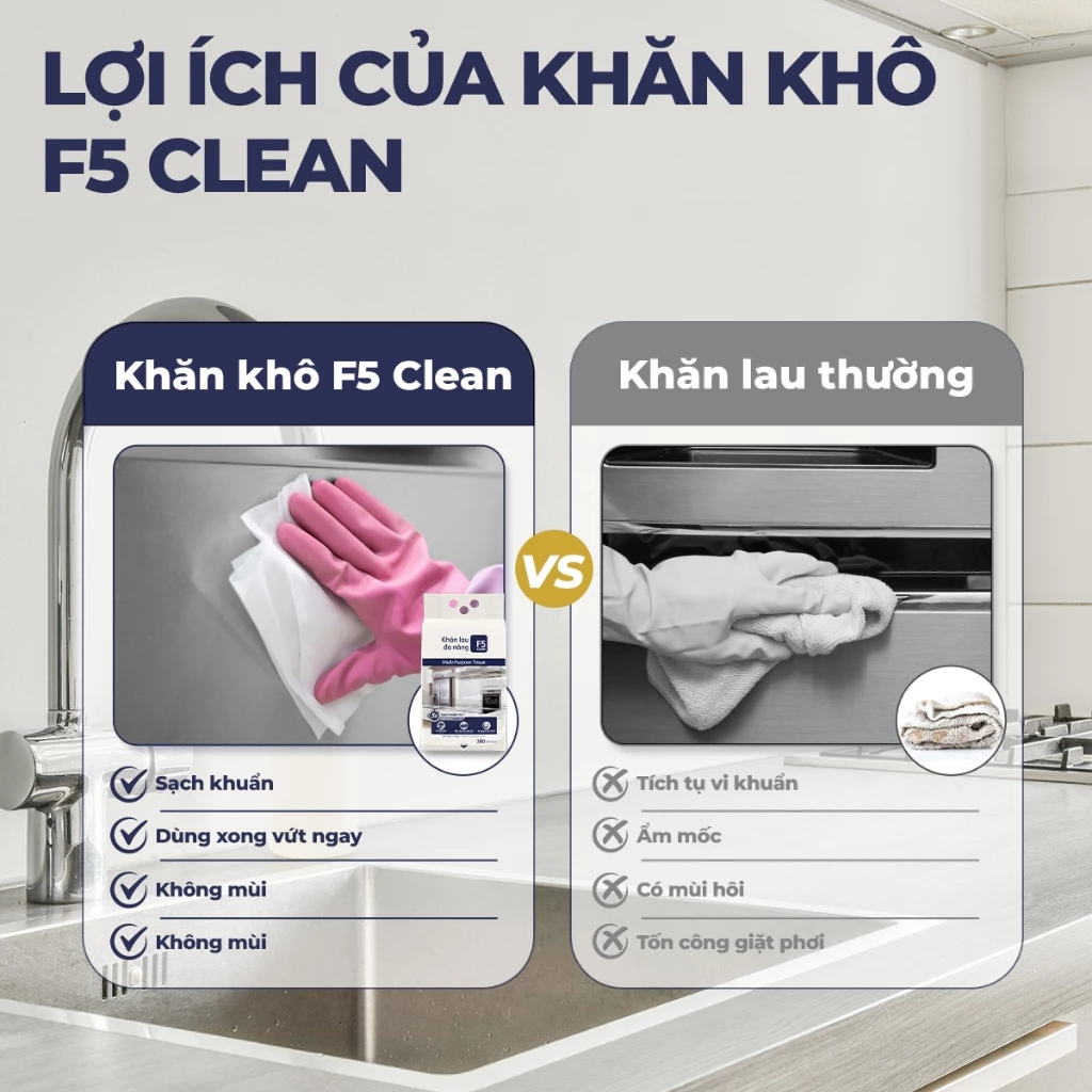  Khăn khô lau bếp F5 Clean 300 tờ lau sạch mọi vết bẩn, không để lại sơ vải, tiện dụng, an toàn cho da tay 