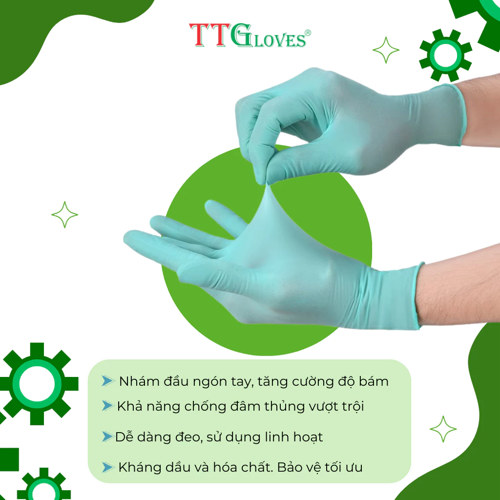  Găng Tay Cao Su Y Tế TTGLOVES Không Bột Nitrile Màu Xanh Lá Siêu Bền Đẹp 4.5gr (Hộp 100 Chiếc) 