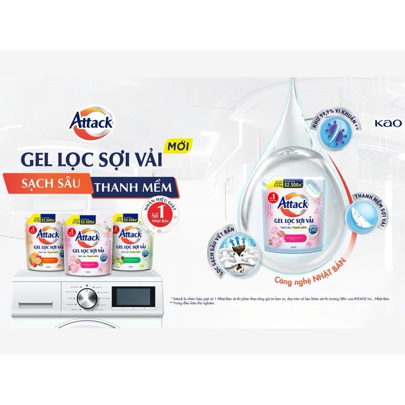  Nước giặt gel Attack hương anh đào/ thiên nhiên/ trái cây túi 3.5kg 