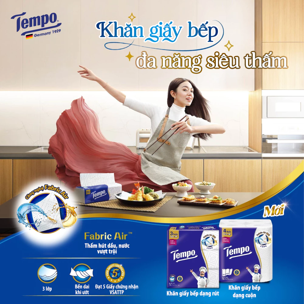  [LỐC 4 CUỘN] Khăn Giấy Bếp Tempo Dạng Cuộn Đa Năng, Siêu Thấm - Thương Hiệu Đức 