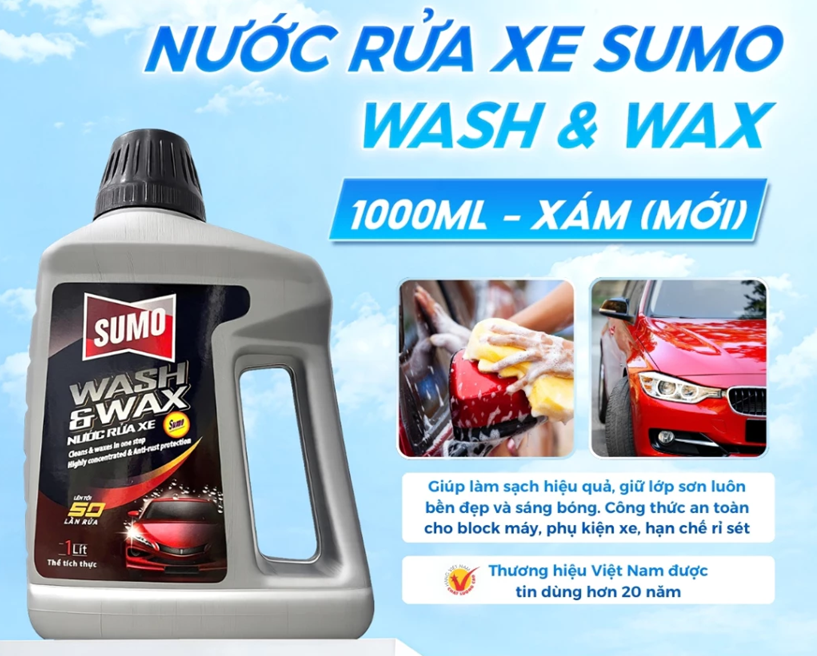  Nước Rửa Xe Sumo Wash & Wax 1 Lít XÁM Mới Nước Rửa Xe Bảo Vệ Nước Sơn Xe Rưa Xe Ô Tô 