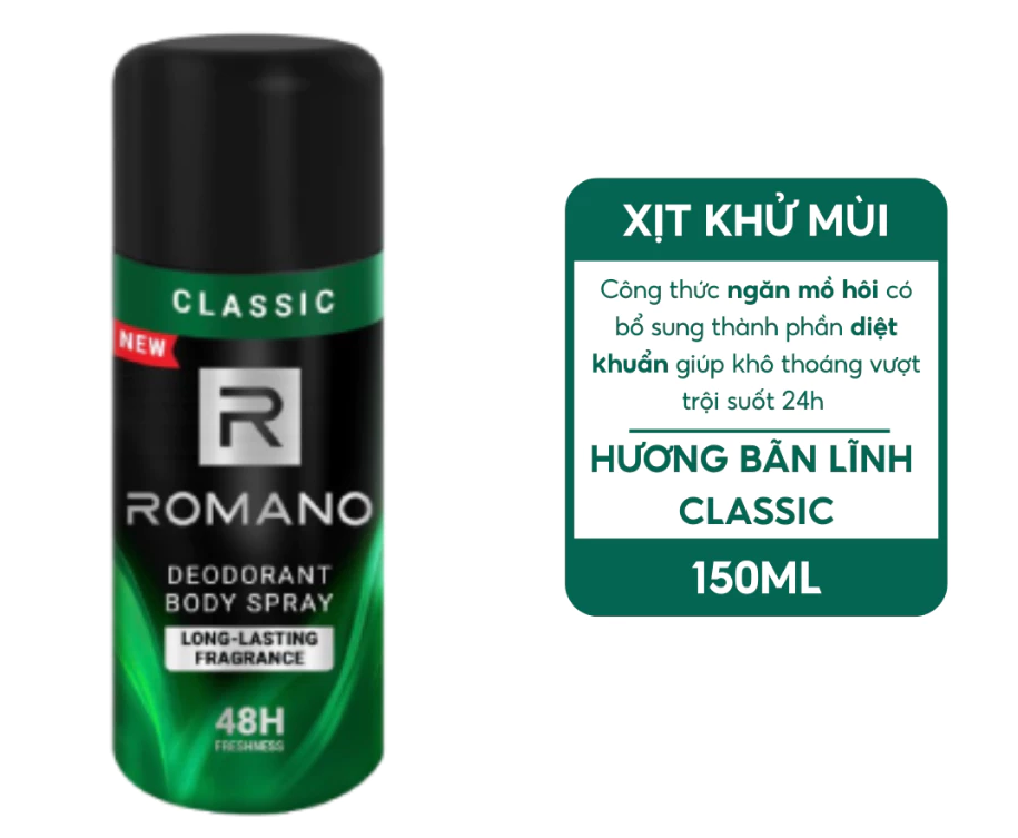  Xịt khử mùi cho nam toàn thân ngăn mồ hôi và mùi cơ thể Romano 150ml / 195ml 