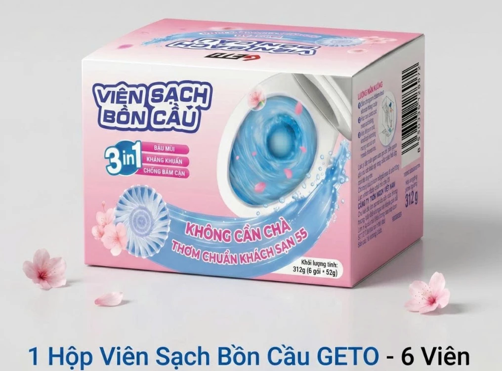  Viên Sạch Bồn Cầu Geto Hương Đào viên thả bồn cầu tẩy sạch mảng bám, khử mùi diệt vi khuẩn 50G/gói 