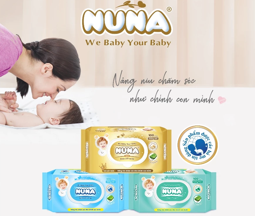  Khăn ướt cho bé Nuna 100 tờ hương phấn - Vải rayon mềm dai - tinh chất lô hội - an toàn vệ sinh cho bé 