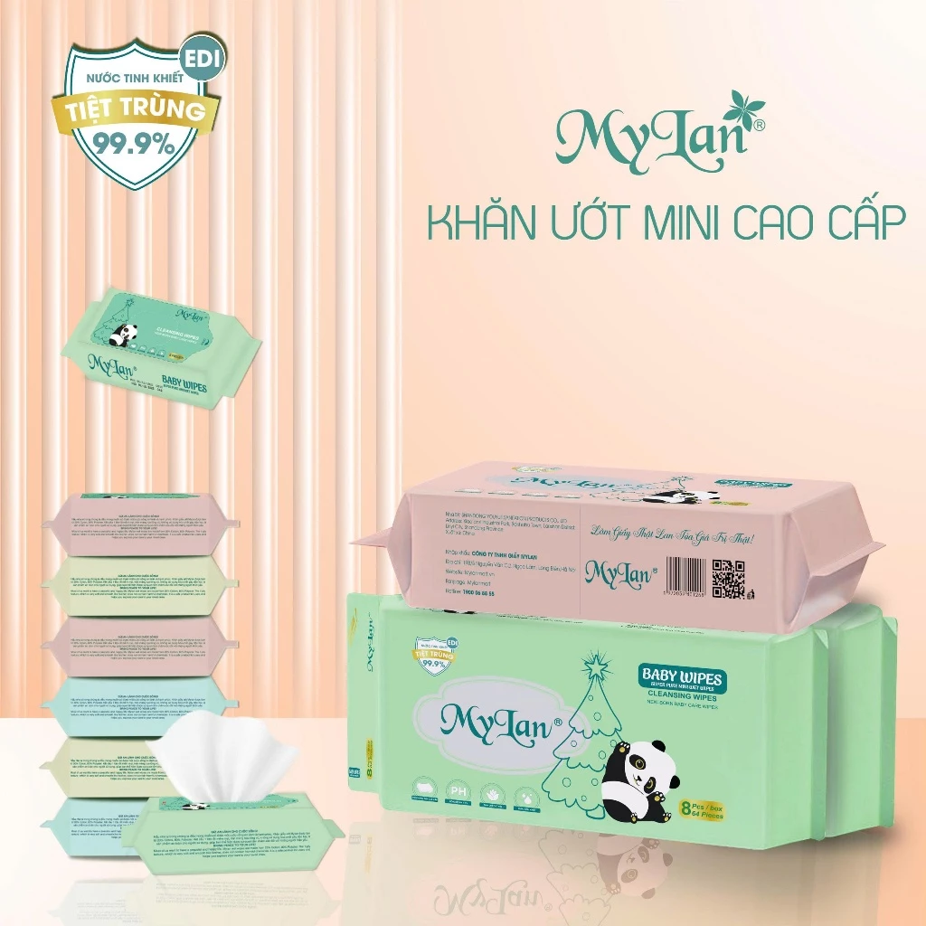  Khăn Ướt Mini MyLan Cao Cấp Làm Sạch Nhanh Dịu Nhẹ Cho Da 8 Tờ/Gói, Lốc 8 Gói 