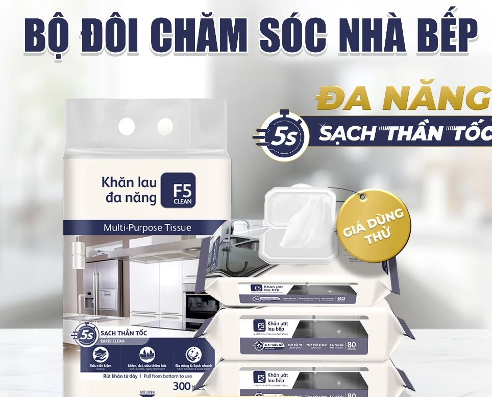  Khăn ướt lau bếp 80 tờ F5 Clean sạch mùi bếp khó chịu, an toàn cho da tay và không để lại chất tồn dư 
