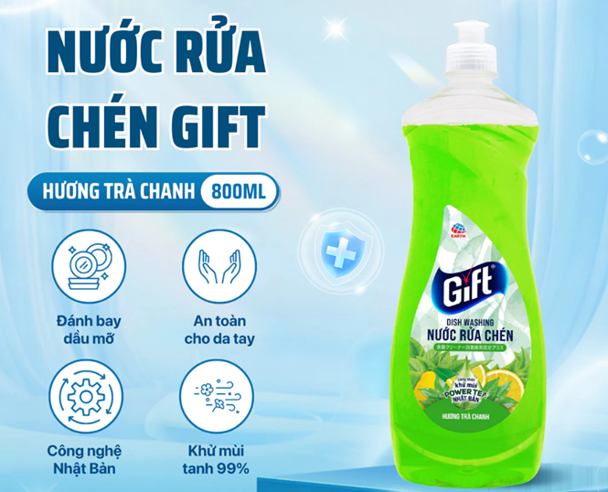  Nước Rửa Chén Gift Khử Mùi Tanh Khó Chịu – Hương Chanh/Trà Chanh, Chai 800ml/Túi 3.6kg/Can 3.8kg 