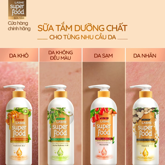  Sữa Tắm LASHE SUPERFOOD Dưỡng Da Sáng Mịn / Dưỡng Ẩm Chuyên Sâu / Dưỡng Da Tươi Trẻ 610G/ 900G/ 1.1KG 