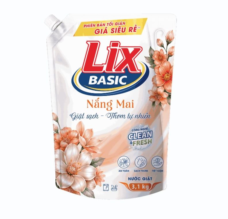  Nước giặt Lix Basic hương Nắng mai túi 3.1kg - can 3.3kg 