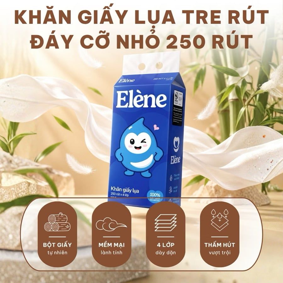  Khăn Giấy Lụa Rút Đáy Elene 250 Lần Rút 4 Lớp Mềm Mịn, Tiện Lợi, An Toàn (Giấy rút cỡ nhỏ) 